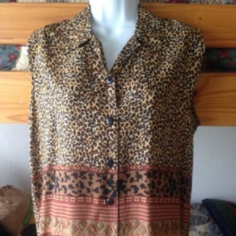 Vintage * CALIFORNIA CRUSH button-down TUNIC slvls rayon SHIRT* ANIMAL PRINT * M